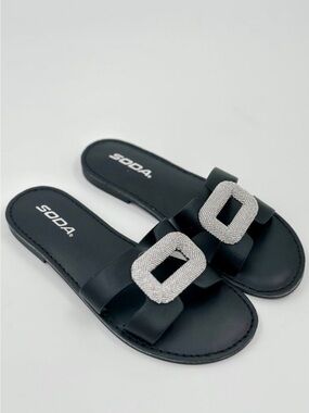 Soda~  Black Slide Sandals with Rhinestone Buckle